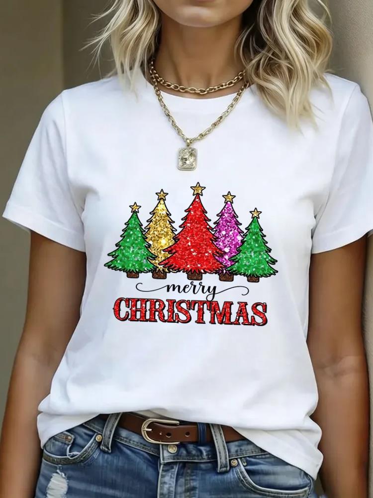 (Asian Size) Lovely Style Cute Merry Christmas Women's Top Short Sleeve T-shirts O-neck T Shirt Print Fashion Casual New Year Clothing Graphic Tee