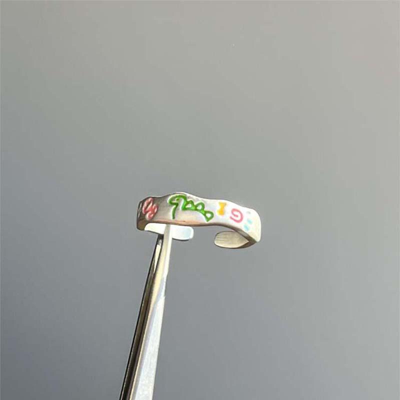 Painted Christmas Tree Graffiti Ring, Cute Dinosaur Design, Adjustable Women's Fashion Ring