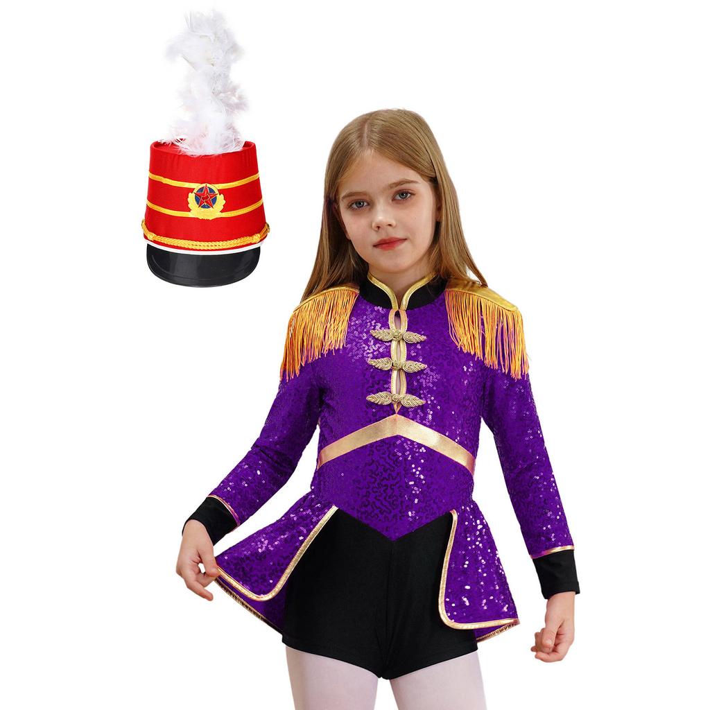 Girls Circus Drummer Costume Long Sleeve Fringe Epaulet Sequins Bodysuit Mini Top Hat Drum Accessory