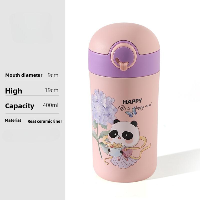 Panda baby bottle with ceramic inner liner, children's drinking straw cup, portable children's cartoon anti-drop water cup