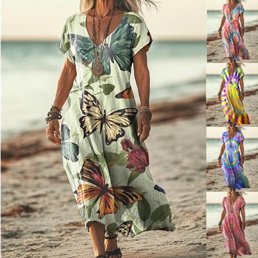 Women Summer Floral Dress Short Sleeve Beach Dress With Pockets Casual V-Neck Split Long T-Shirt Dress Travel Vacation