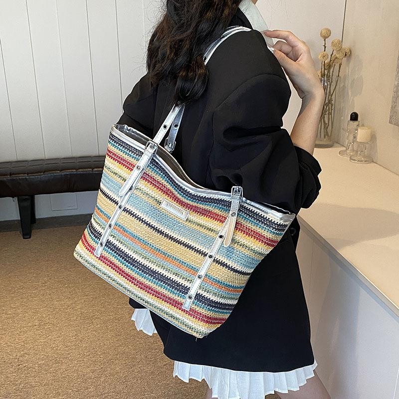 Tasche mit großem Fassungsvermögen Damen-Strandurlaubstasche gestreifte Schultertasche