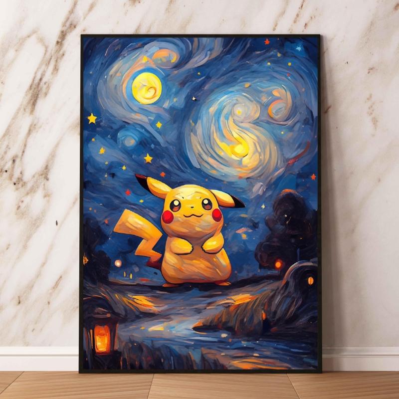 Van Gogh - Style Pokemon Decorative Paintings - Pikachu Gengar in Starry Night Art Unique Wall Art for Home Decor