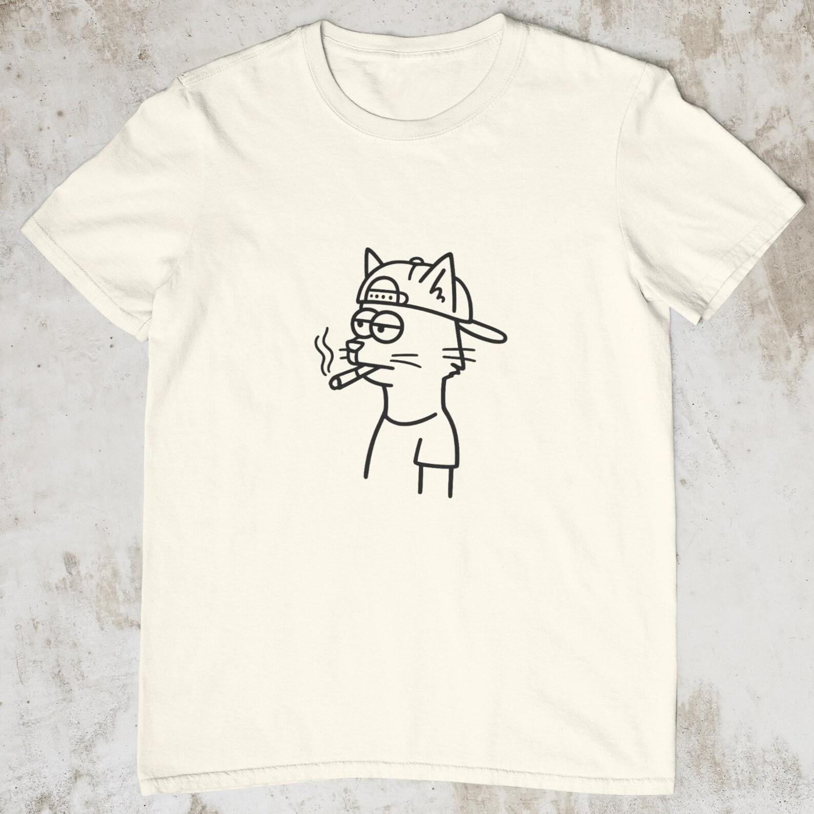 Funny Smoking Cat T-Shirt, Cartoon Cat With Backwards Cap Shirt, Cool Cat Graphic Tee, Minimalist Funny CaT-Shirt, Streetwear Cat Lover Gift 2XL