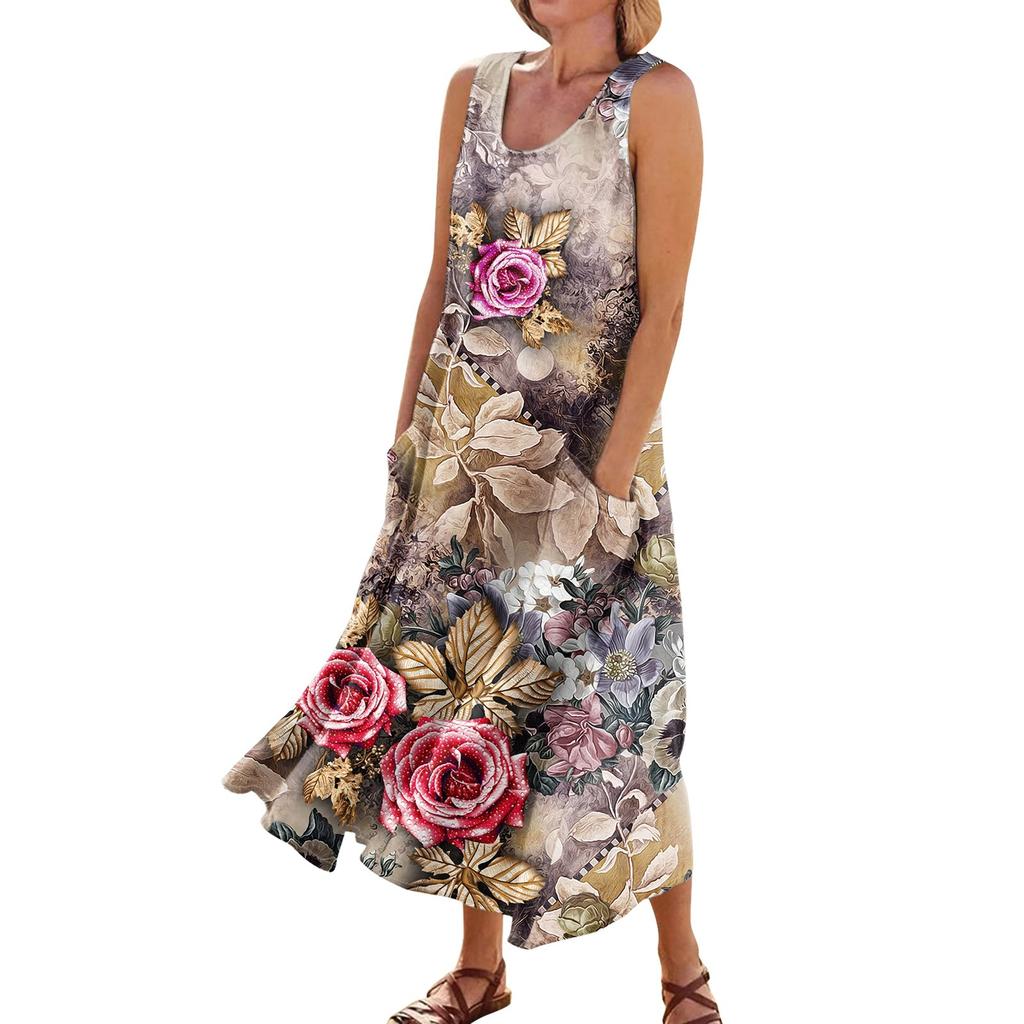 Vestido sin mangas para mujer Vestido de bolsillo con cuello redondo sin mangas estampado a la moda informal de verano para mujer