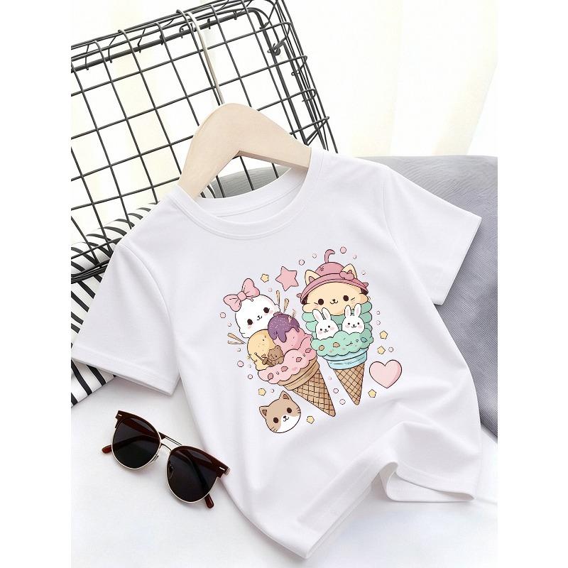 European Sizes Children's Summer Short-Sleeve T-Shirt, Cartoon Print Top for Girls, Featuring a Cute Design, Suitable for Outings and Daily