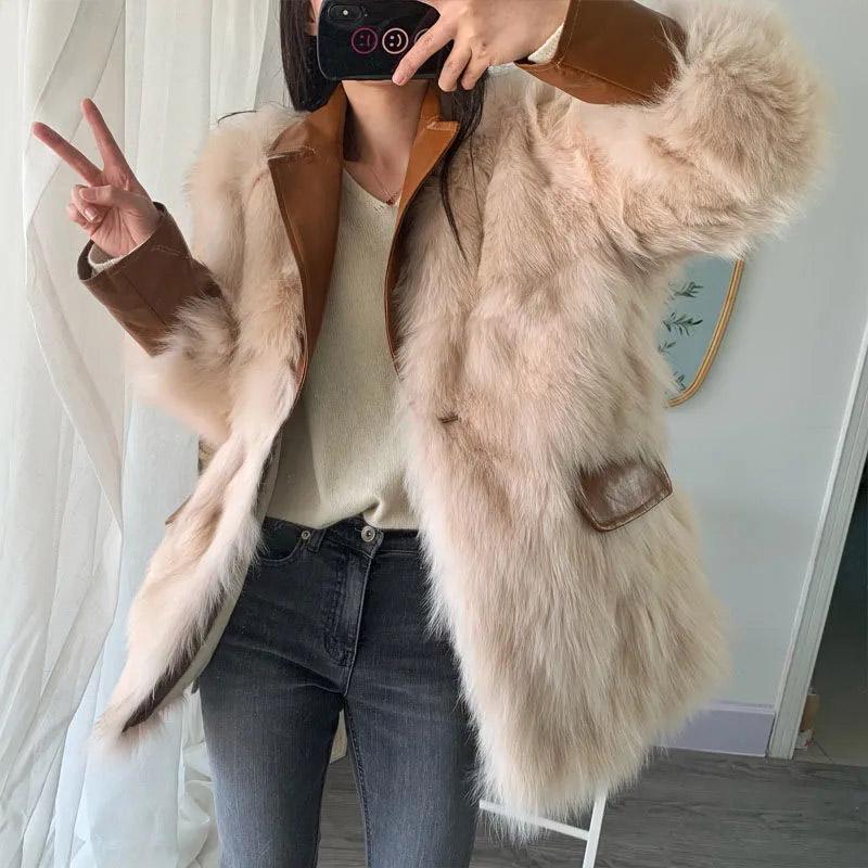 Pelsfrakk Dame Høst- og vinterimitasjon revepels Uformell mote Løs pelsfrakk Mellomlange modeller Tynn