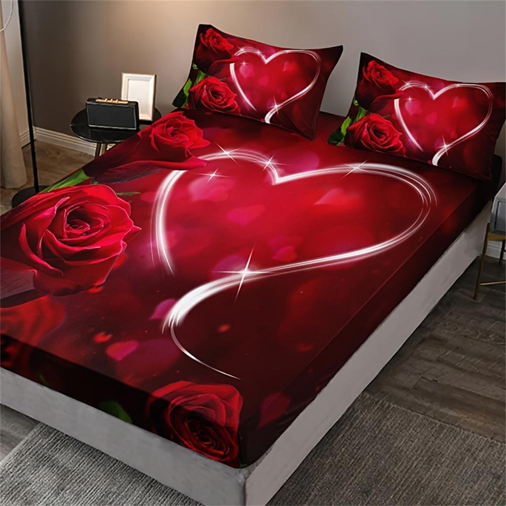 3pcs Romantic Rose Love Print Fitted Sheet Set, Soft Comfortable Breathable Bedding Mattress Protector Set, For Bedroom, Guest