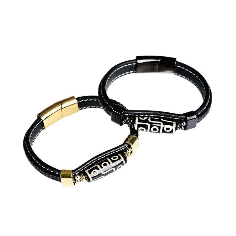 Handmade Black Gold Leather Bracelet with Tibetan Nine-Eyed Dzi Bead - Retro Ethnic Style for Men