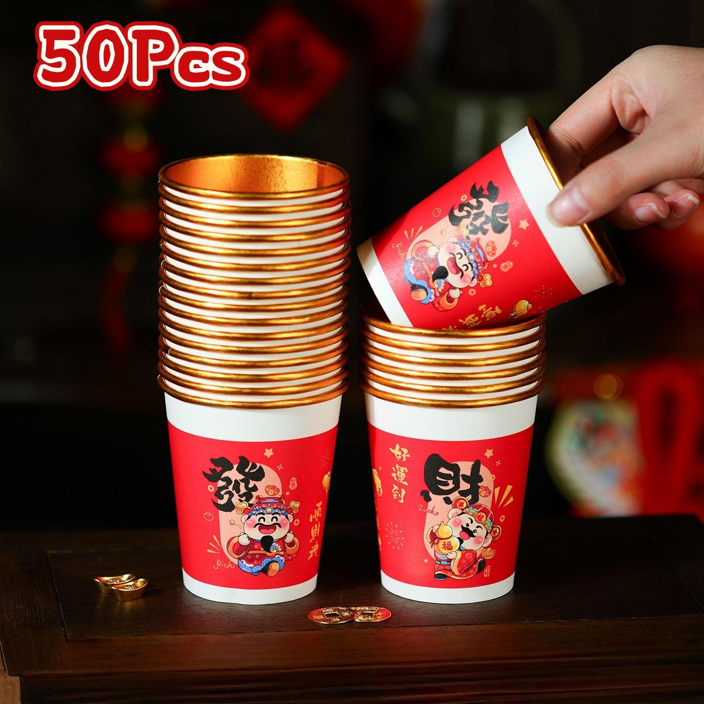 50Pcs  Year Theme Red Celebration Paper Cups Disposable Home Use 2026 Horse Year Spring Festival Guest Water Cups
