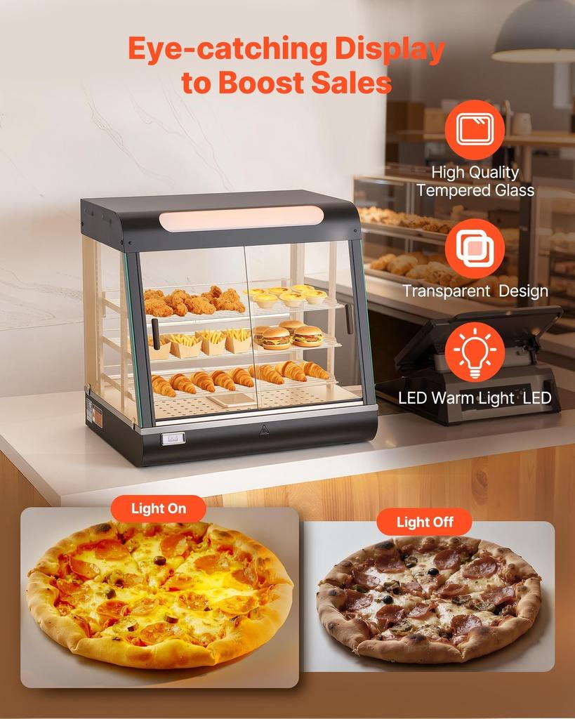 3-Tier Commercial Food Warmer Display, 1200W Food Display Warmer with LED Light, Top Storage and Adjustable Shelves, 30-85 Steam Heating, 106Qt/100L