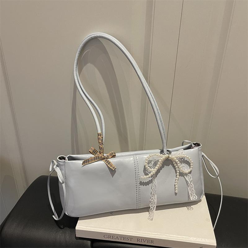 Simple Solid Color Pu Shoulder Bags for Women Sweet Bow Thread Design Ladies Underarm Bag Casual Versatile Female Pillow Handbag