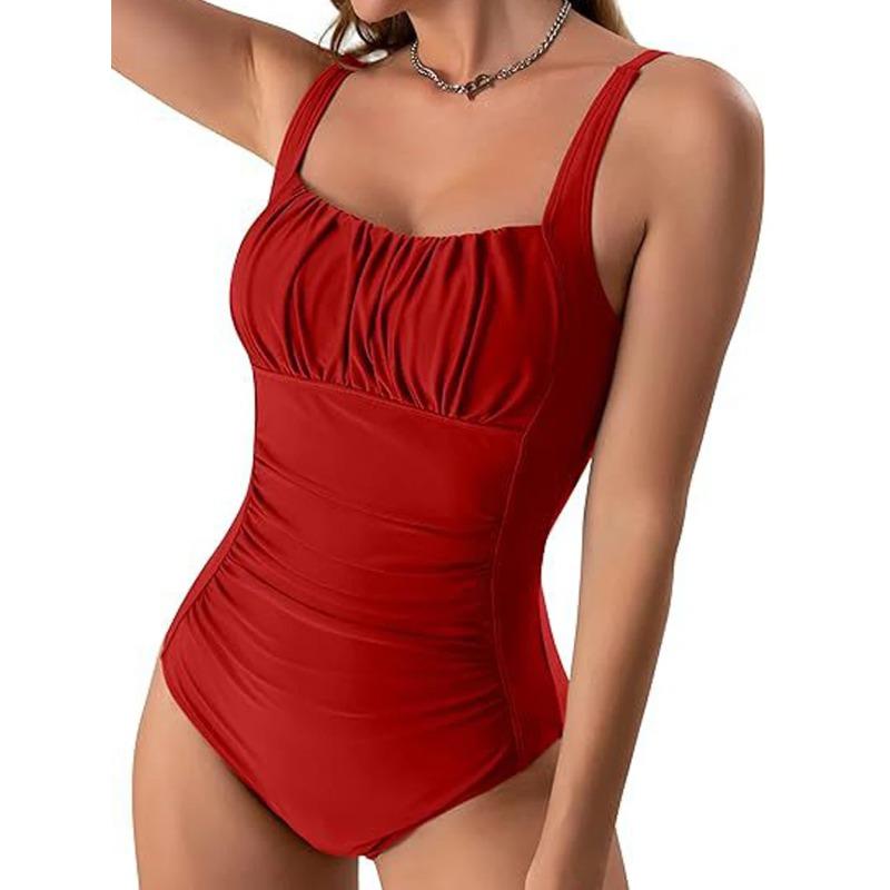 One Piece Ruched Front Swimsuit 2026 Women Vintage Solid Print Swimwear Padded Bathing Bodysuit Bather Swimming Beachwear Summer