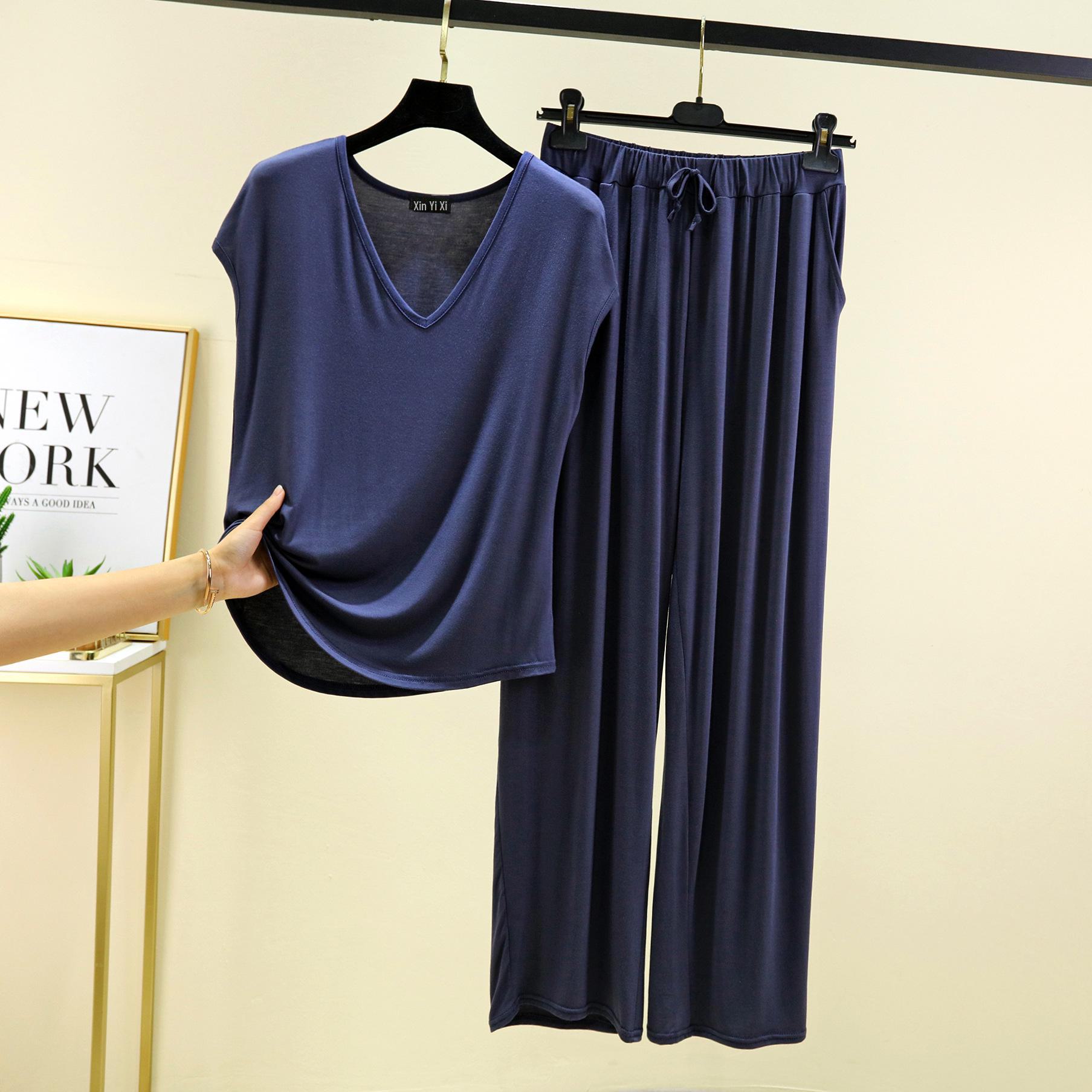 

Женская летняя модальная домашняя одежда без рукавов с V-образным вырезом: Свободный, облегающий комплект из двух предметов: футболка и брюки XXL джинсовый синий