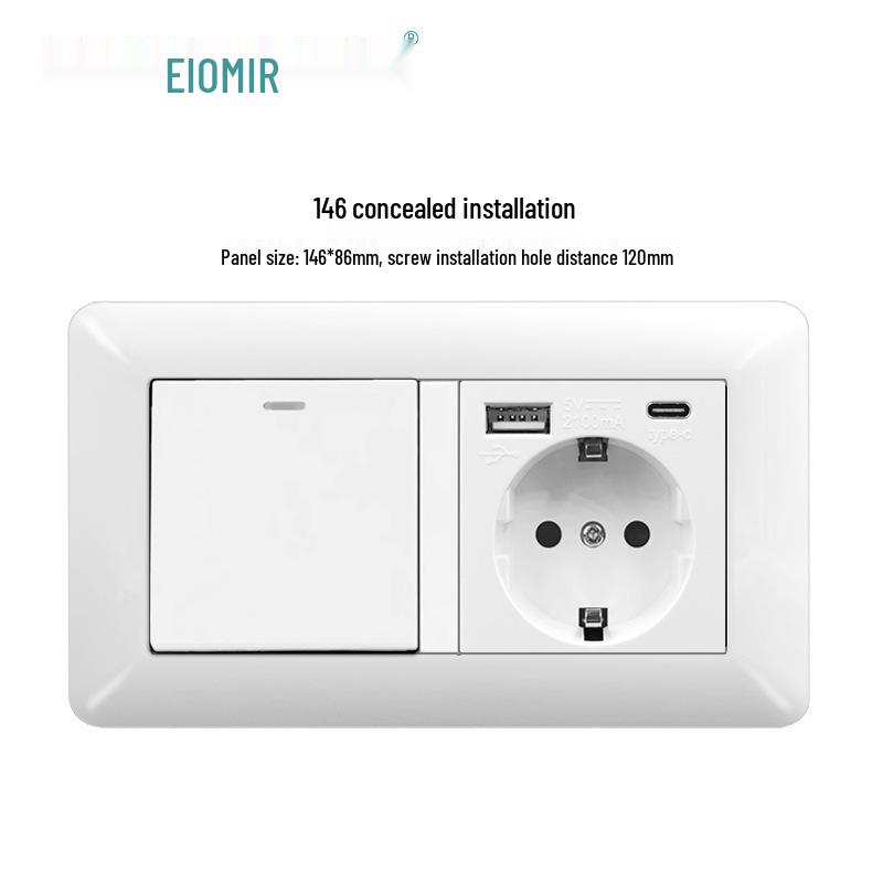 Curved White European Standard Socket Panel with Double USB & Type C, German Switch, Concealed Installation
