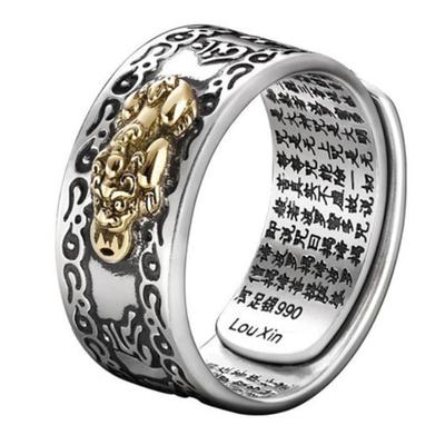 Original Feng Shui Pixiu Men's Ring Adjustable Wealth Protection Lucky Charm Buddhist Jewelry Mani Mantra Amulet