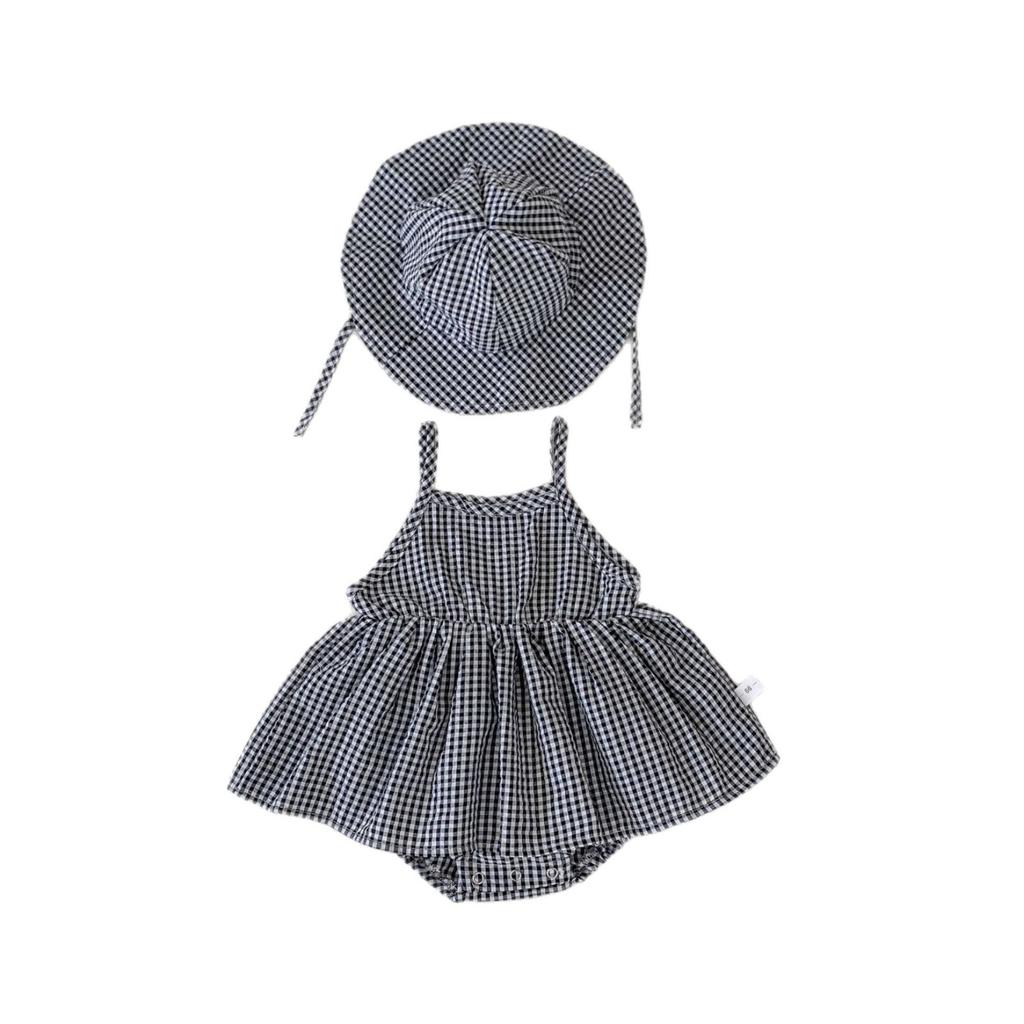 Baby Girl Sleeveless Plaid Romper with Hat Summer Outing Dress
