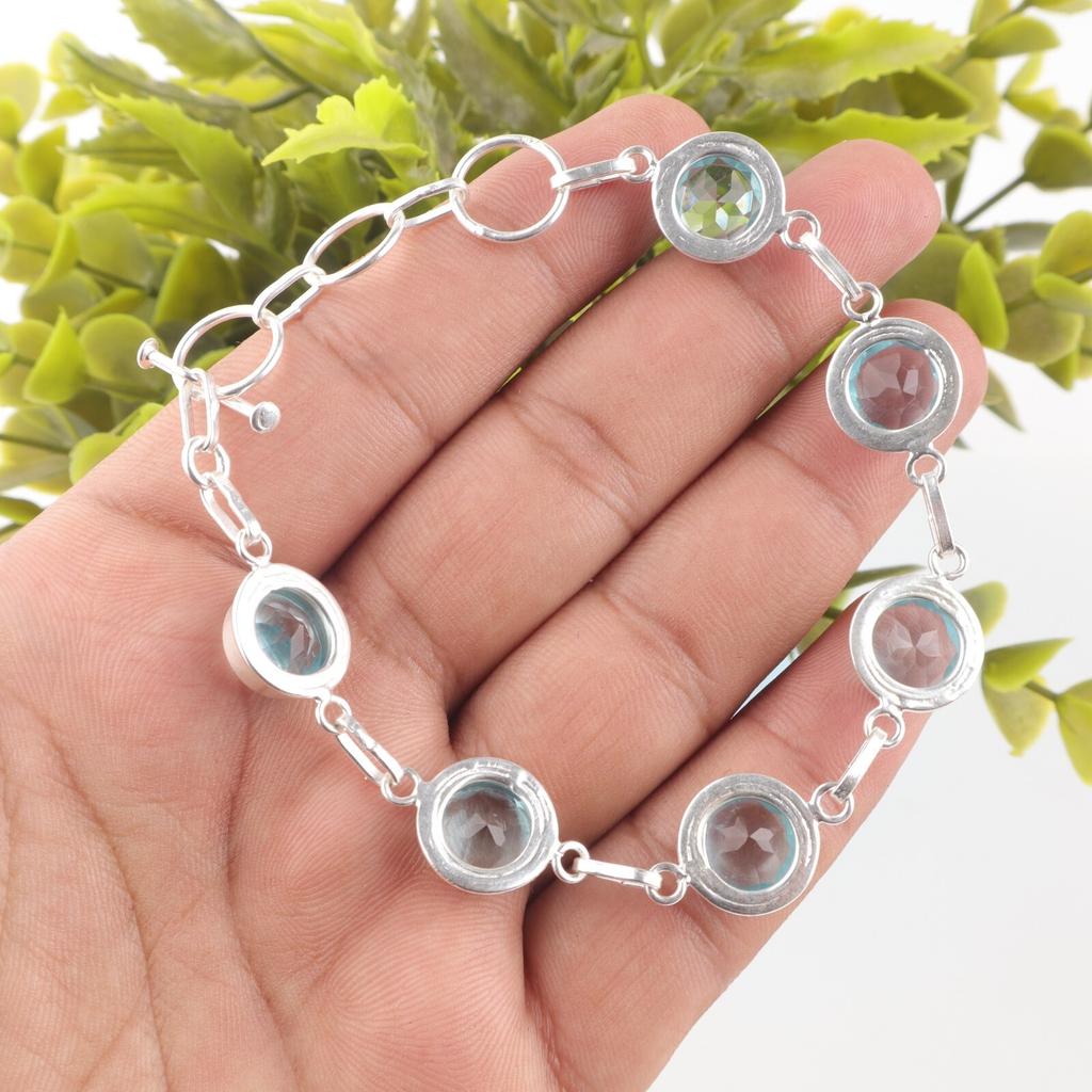 Natural Sky Blue Topaz Gemstone 925 Sterling Silver Jewelry Handcrafted Bracelet RB-13-4