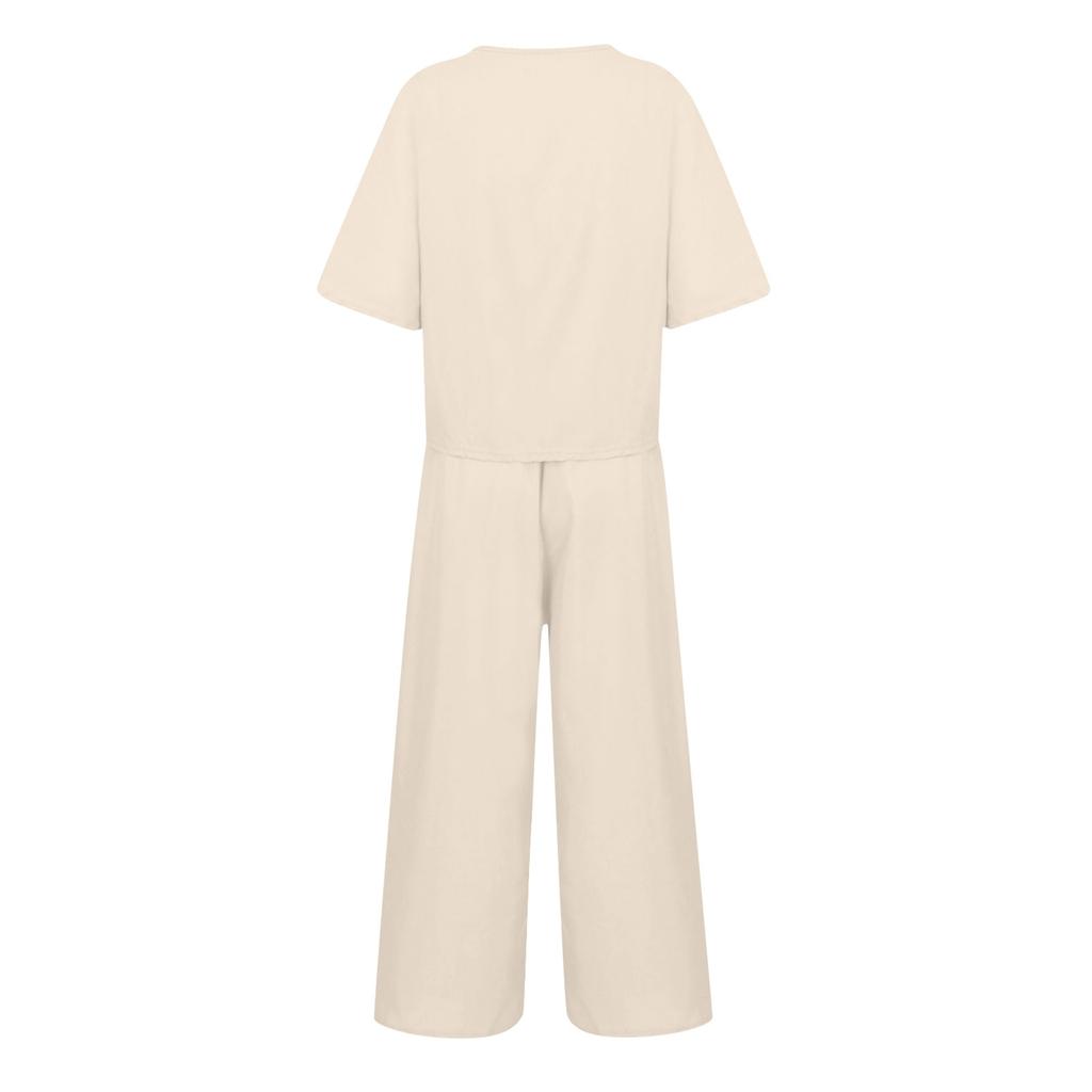 Women's Casual Fashion Sexy Long And Short Sleeve Pullover Shirt Round Neck Literary Retro Solid Color Casual Split Suit