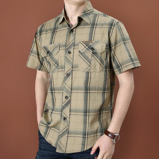 Cămașă bărbați în carouri buzunare de vară Cămașă cu guler răsturnat pentru birou