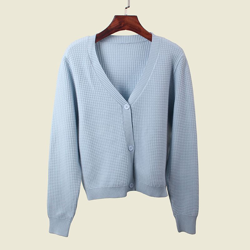 Waffle Texture V Neck Autumn Long Sleeves Cardigan Soft Glutinous Two Wool Core-Spun Yarn Normcore Pure Color Knitting Outwear