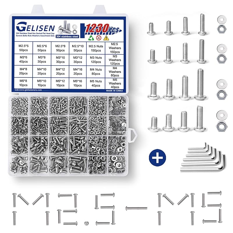 1230Pcs M2 M3 M4 M5 Silver Hex Socket Button Head Screws Nuts Washers Assortment Sets,10.9 Class Alloy Steel Screws Bolts Kit with 4 Allen Wrenches
