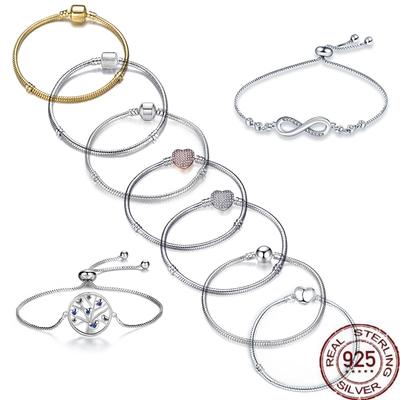 Selling Original 925 Sterling Silver Snake Chain Bracelet Secure Heart Clasp Beads Charms Bracelet for Women DIY Jewelry Making