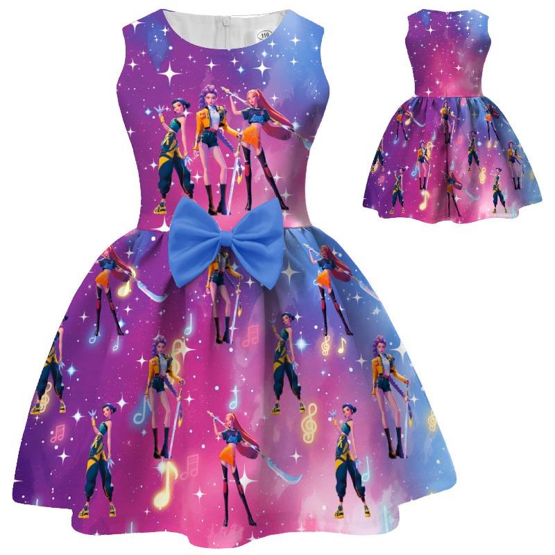 Girls Sleeveless Dress Witch Hunting Girls Group Full Print Galaxy Music Note Skirt with Big Bow Kids Princess Party Birthday Casual Sundress Little