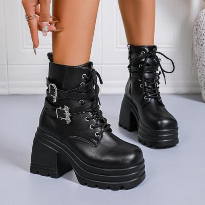 Dampumpsor Punk Tjock Plattformsula Superhög Klack Ankelstövlar Dam Metallspänne Gotiska Svarta Motorcykelstövlar Botas Para Mujer