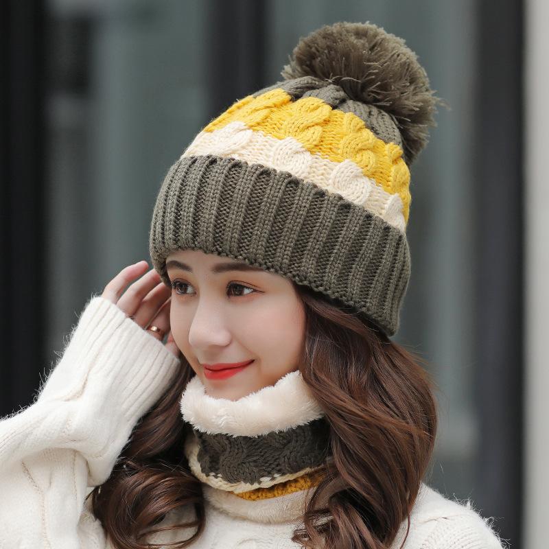 Hat Women's Winter Trendy Plush Wool Hat Winter Warm Scarf Cycling Knitted Hat Headgear Two-piece Set