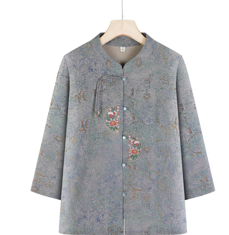 

Chinese Style Summer Top for Middle-aged and Elderly Women - Lightweight Seven-Sleeve Grandma Shirt 4XL