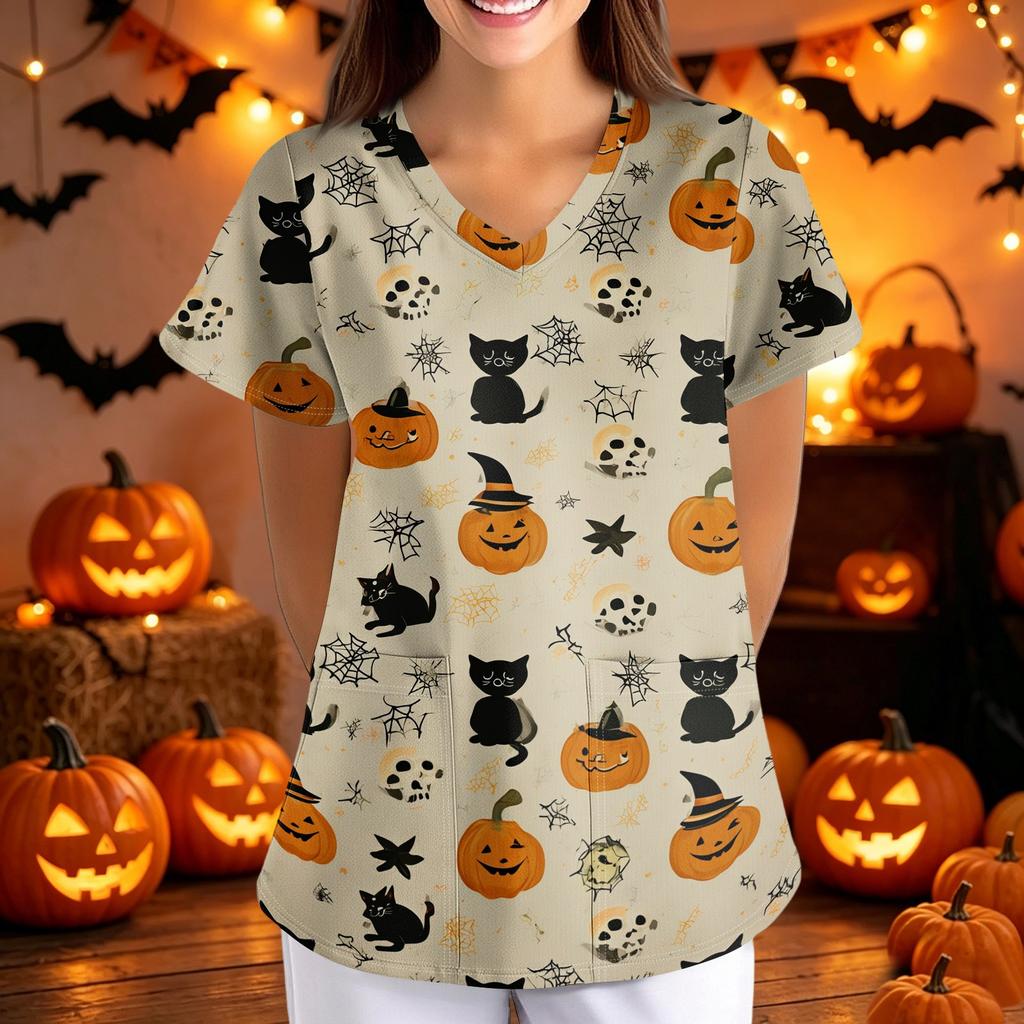 Damen Halloween Print Lockere Passform V-Ausschnitt Tasche Kurze Ärmel Medizinischer Kasack Krankenschwester Uniform Arbeitskleidung