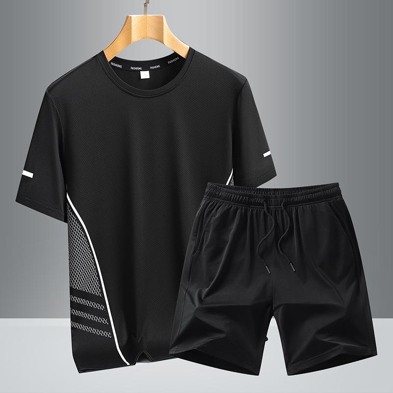 Quick Drying Short Sleeved Men's Summer Ice Silk Half Sleeved Loose and Breathable Fitness Running Set, Quick Drying Two-piece Set