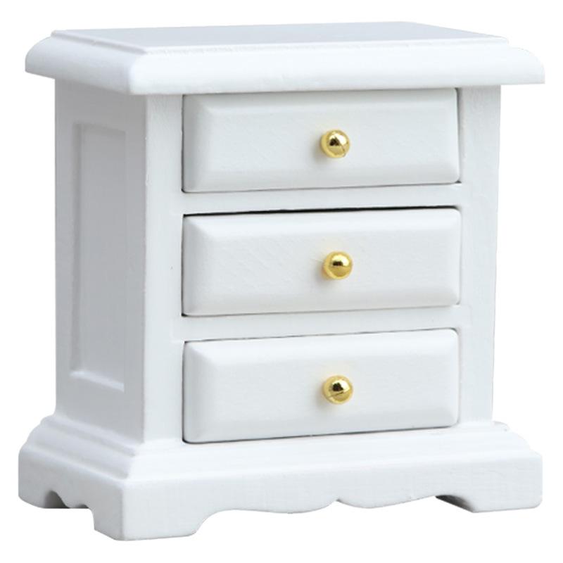 1:12 Dollhouse White Nightstand, Wooden Drawer Side Table for Bedroom, Miniature Furniture Model for Dollhouse Scene