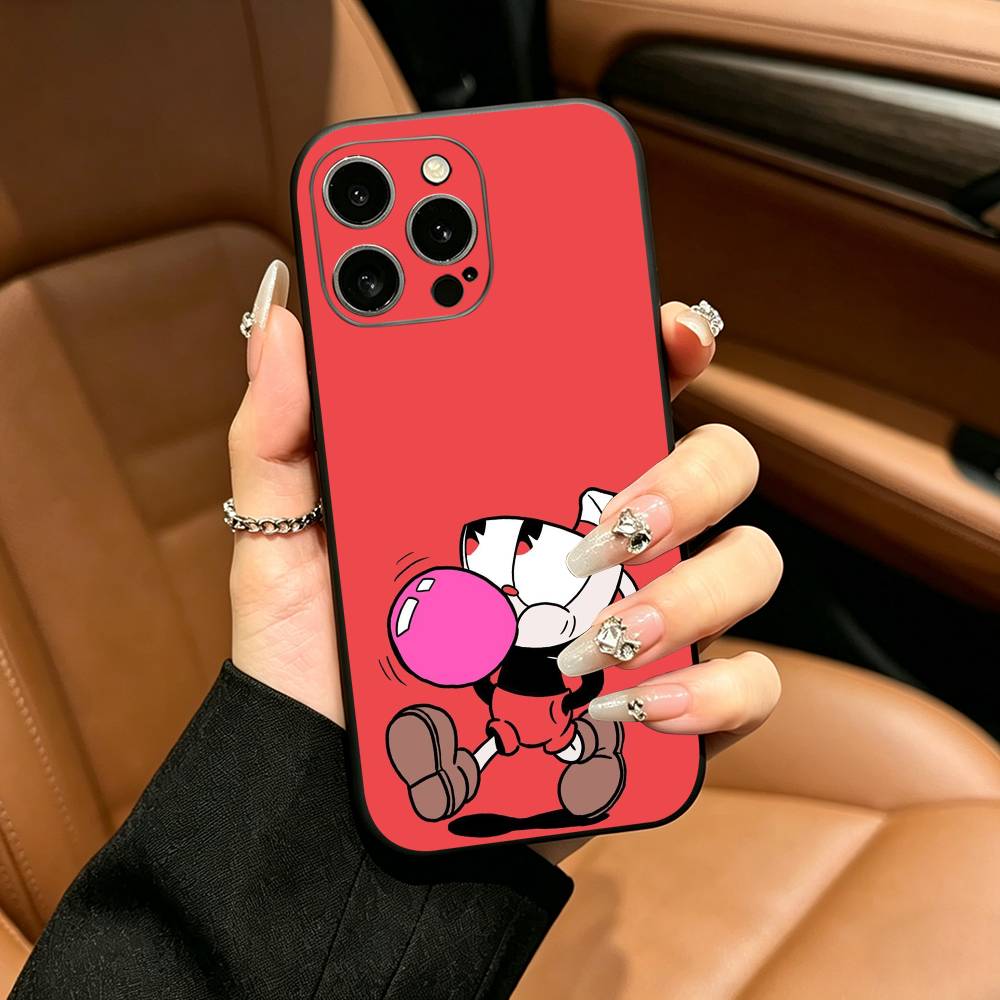Cute CupHead And MugMan Phone Case For iPhone 12 13 14 15 16 17 Pro Max, Lightweight and Practical Soft Black Cover