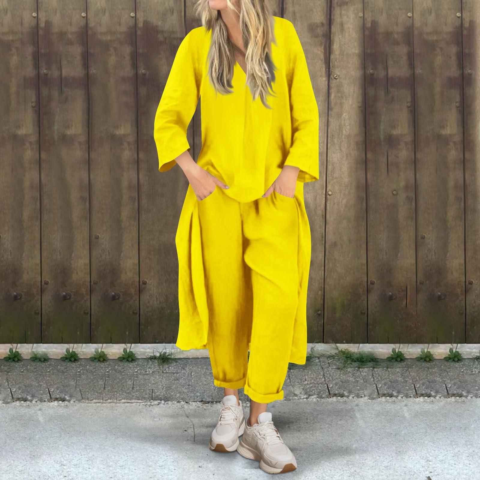 

Комплекты из 2 предметов для женщин, летний свободный топ, однотонные длинные брюки, наряды для отпуска XL жёлтый