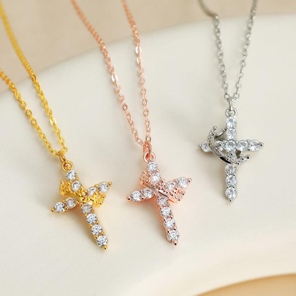 Necklace Female, Creative Personality Titanium Steel Cross Necklace Temperament Hollow Colored Zircon, Collarbone Chain