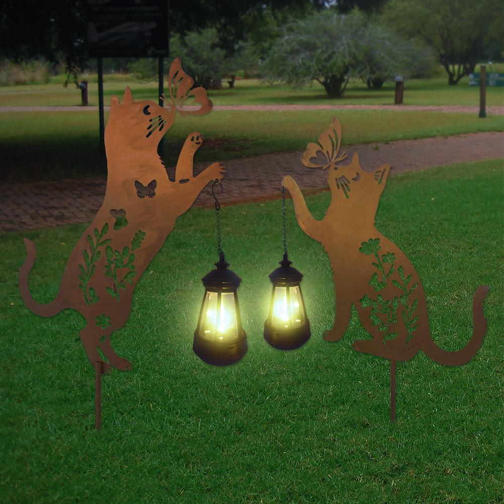 Outdoor, Household, Waterproof, Lawn, Floor Mounted, Iron Art, Cat Animal Shaped, Courtyard Garden Decoration, Solar Lights