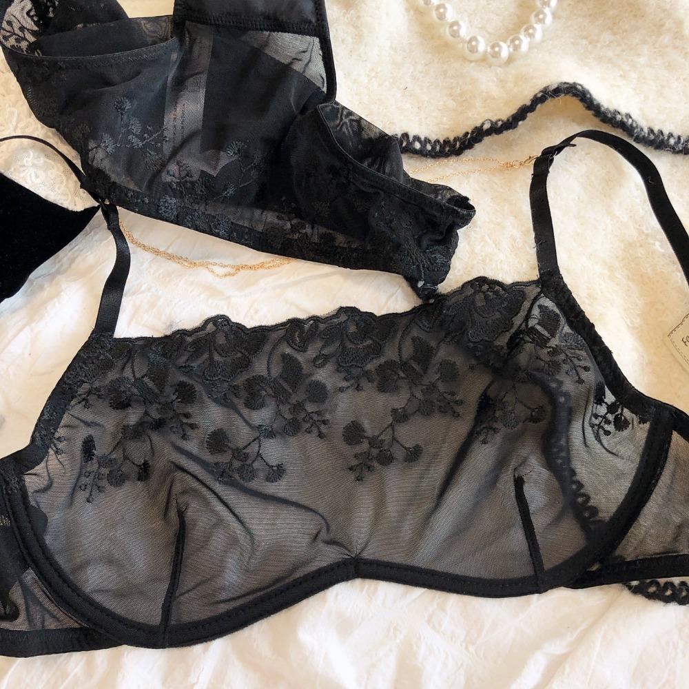 Sexy Lace Flower Embroidery Lingerie Set for Women French Ultra-thin Mesh Transparent Bra Detachable Decoration Chain Underwear
