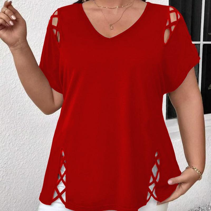 Women's Plus Size T-shirt Summer Sexy V-neck Short Sleeve Loose Casual Women's T-shirts Elegant Fashion Solid Color Office Lady Hollow Tee Tops New