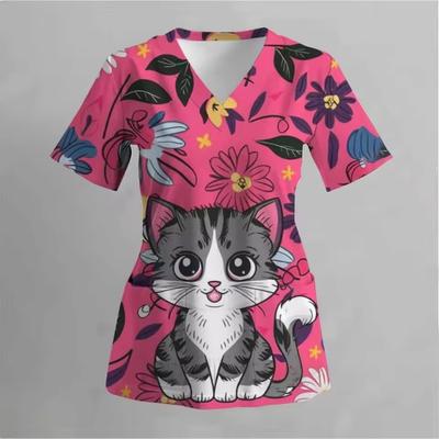 Matte Medical Uniform Pink Ribbon Cat Pattern Women's Uniform V-neck Short Sleeve Top with Pocket Women's 3D Print Protective Clothing
