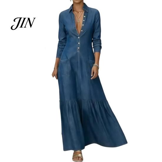 Mid-length Dress Women Button Down Maxi Denim Dress, Long Sleeve Lapel V Casual Loose Neck Flowy A-line Jean with Pockets Summer