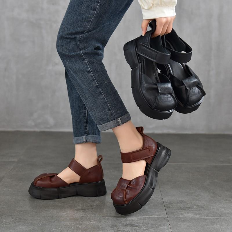 Johnature Retro Lightweight Thick Soled Sandals Genuine Leather Roman Women's Platform Shoes