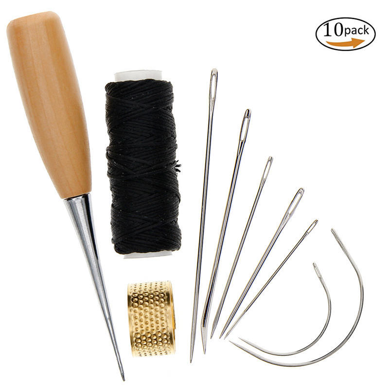 10x Sewing Needles Stitching Leather Waxed Thread Cord Sew Drilling Thimble Kit