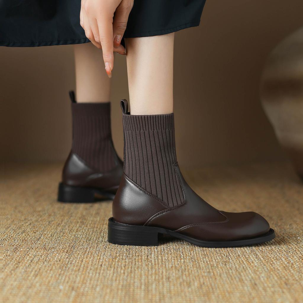 Krazing Pot Microfiber Autumn Winter Shoes Thick Med Heels Size 43 Chelsea Boots Back Knitwear Stretch Ankle Boots