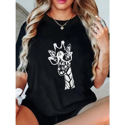 Casual Loose T Shirt Black Giraffe With Glasses Print For Women Everyday Wear Summer Outfits Street Style Fashion Top