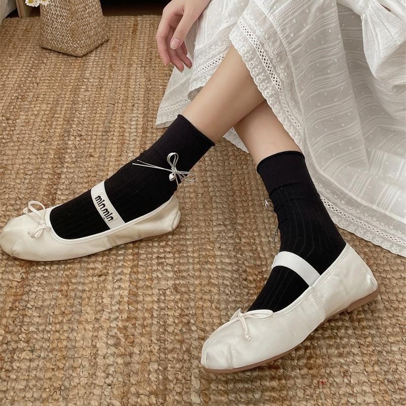 Female Spring and Autumn Cotton Double Bow Love Ballet Wind Drum Pile Socks