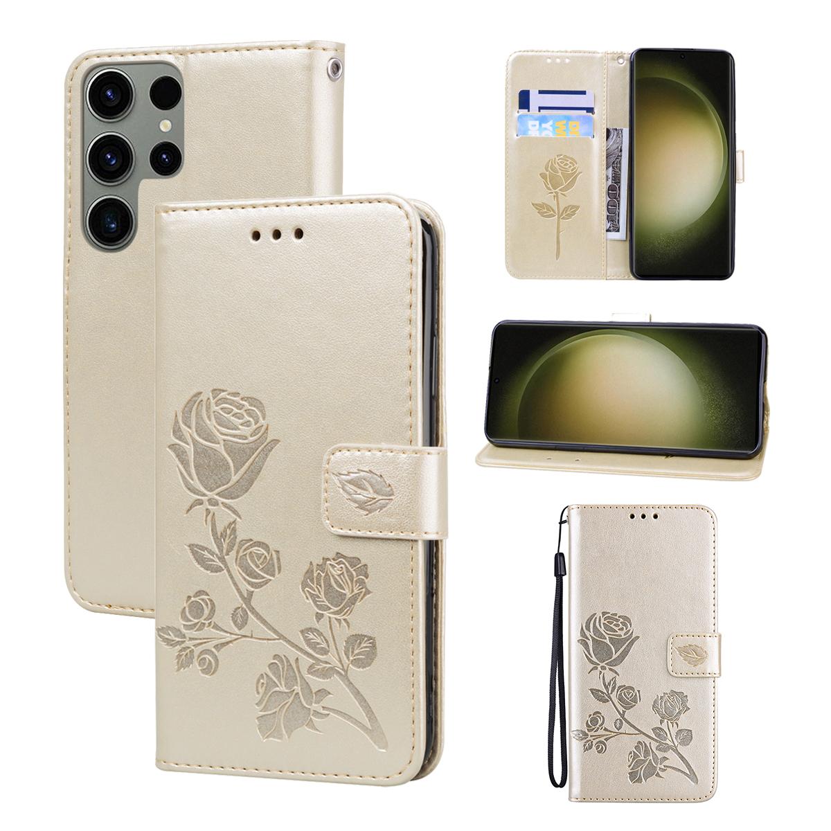 

For Samsung Galaxy S25 Ultra Case Rose Pattern Leather Wallet Phone Cover with Strap Gold