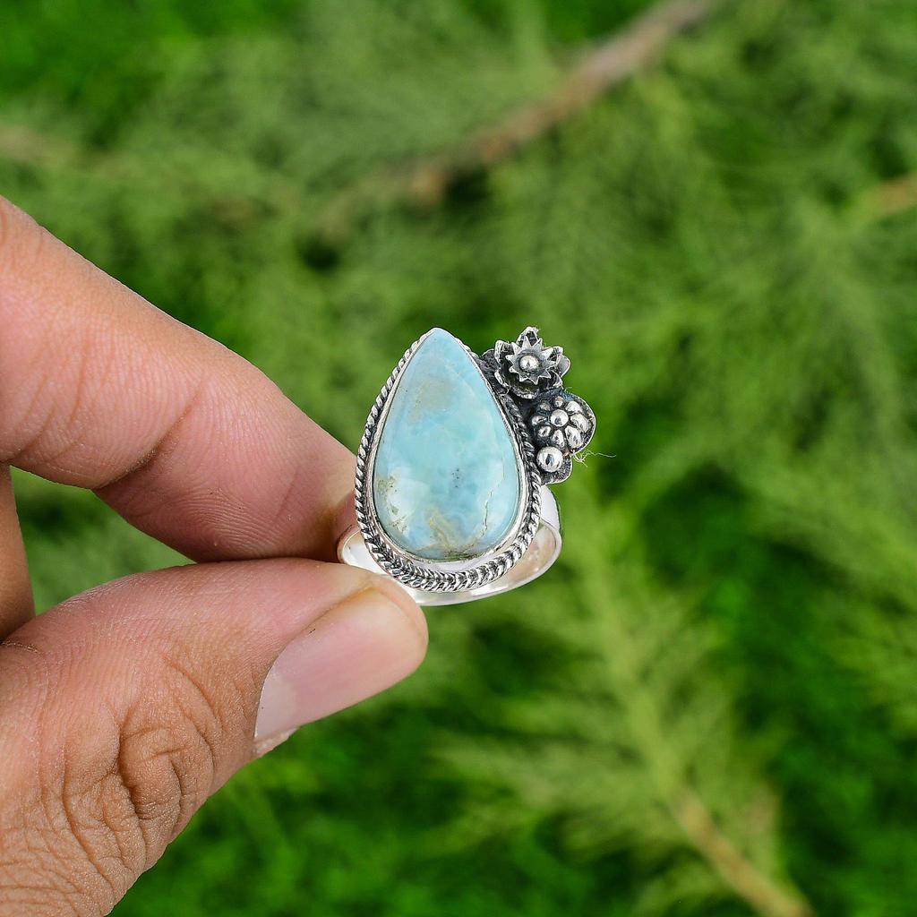 925 Sterling Silver Pear Larimar Gemstone Flower Art Deco Promise Sister Ring