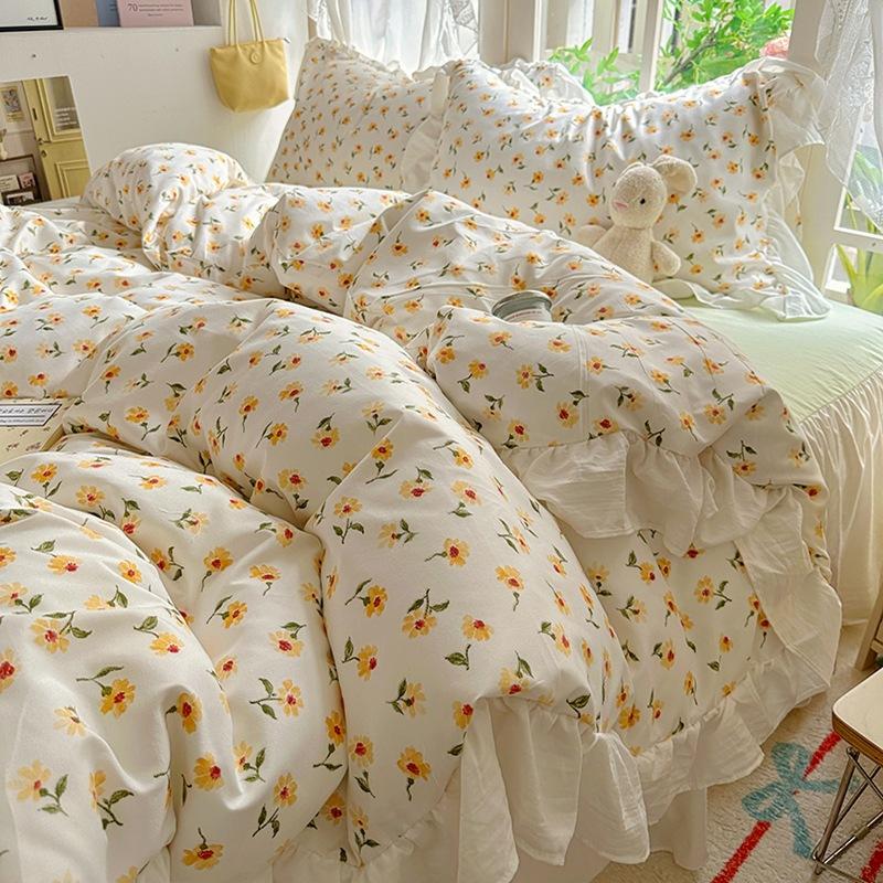 Small Fresh Pure Cotton Four-piece Set Lace Korean Version Princess Style Washed Cotton Bed Skirt Quilt Cover Cream Style Bedding